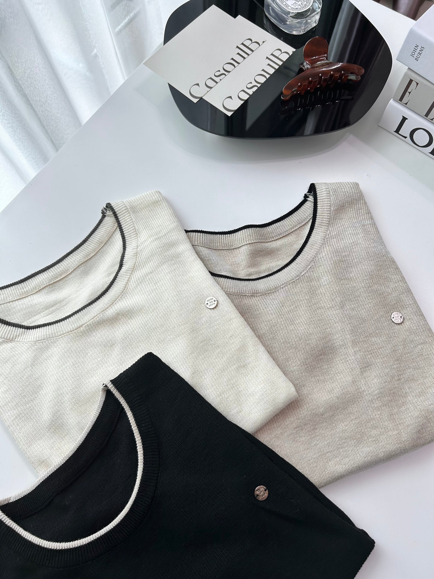 C144 Gold Badge Contrast Knit Top