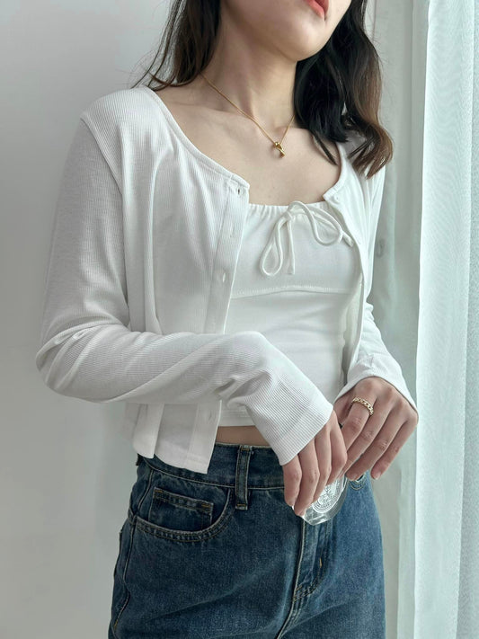 C65 Two-piece Top Set (Shirring Camisole & Long-sleeve Cardigan)