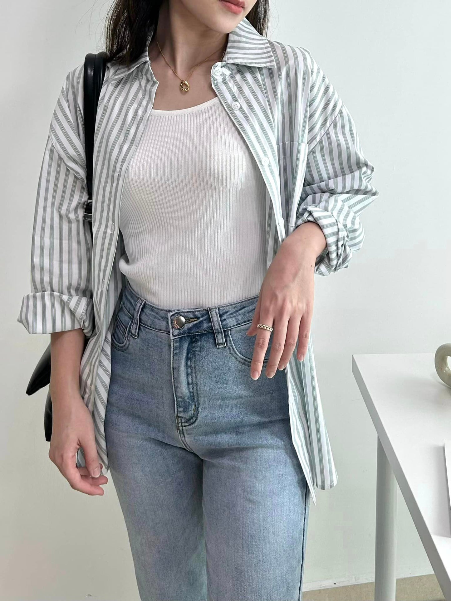 C72 Green Striped Oversized Blouse