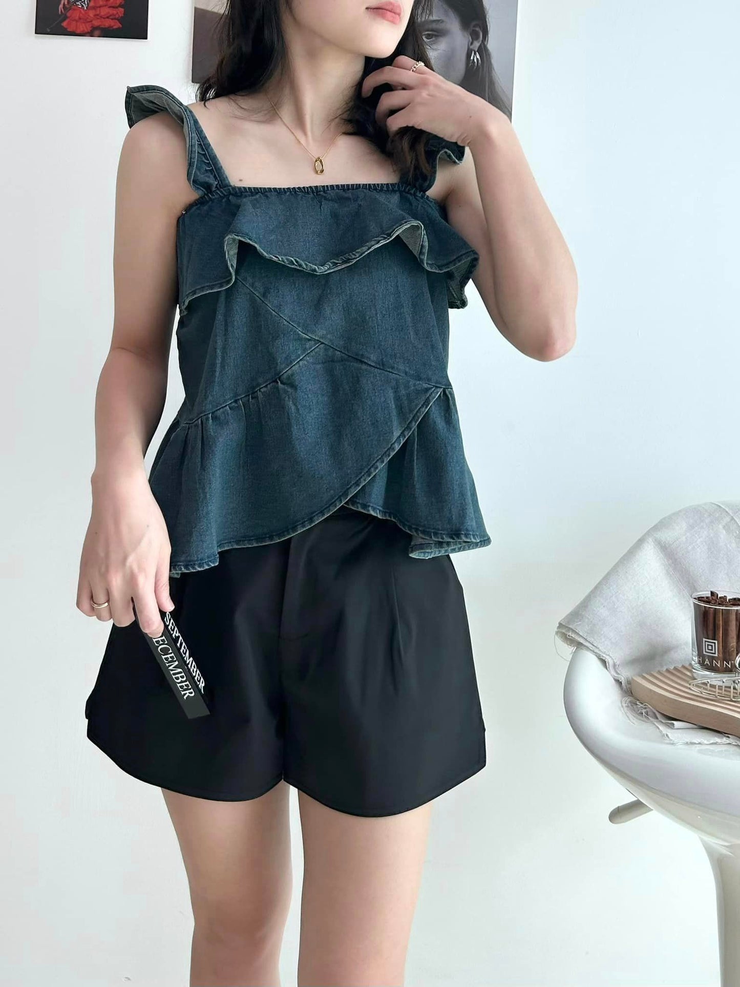 C815 Ruffle Denim Top