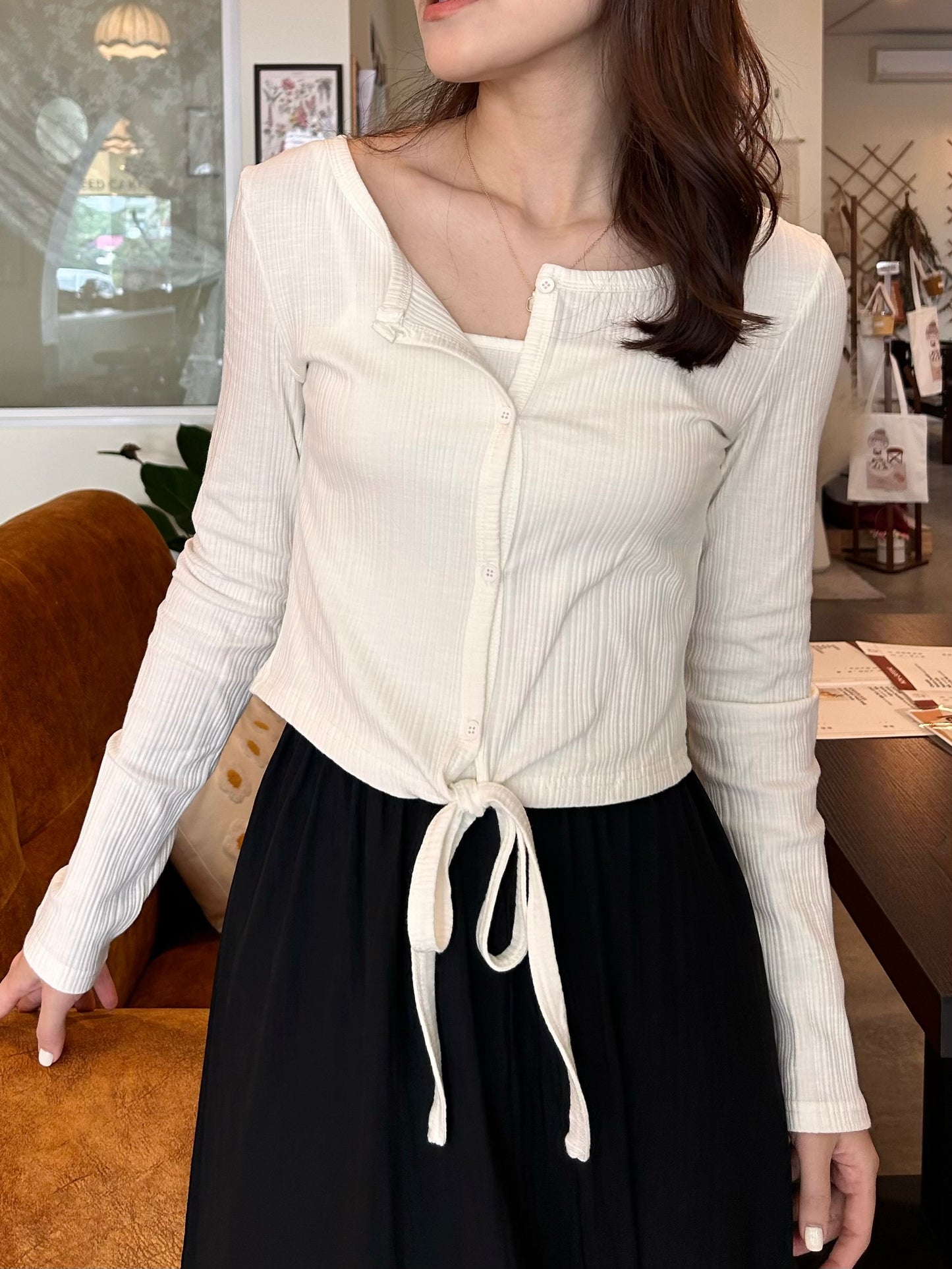 C152 Slim-fit Cotton Ribbed Two-piece (Sling inner + Long-sleeved cardigan)