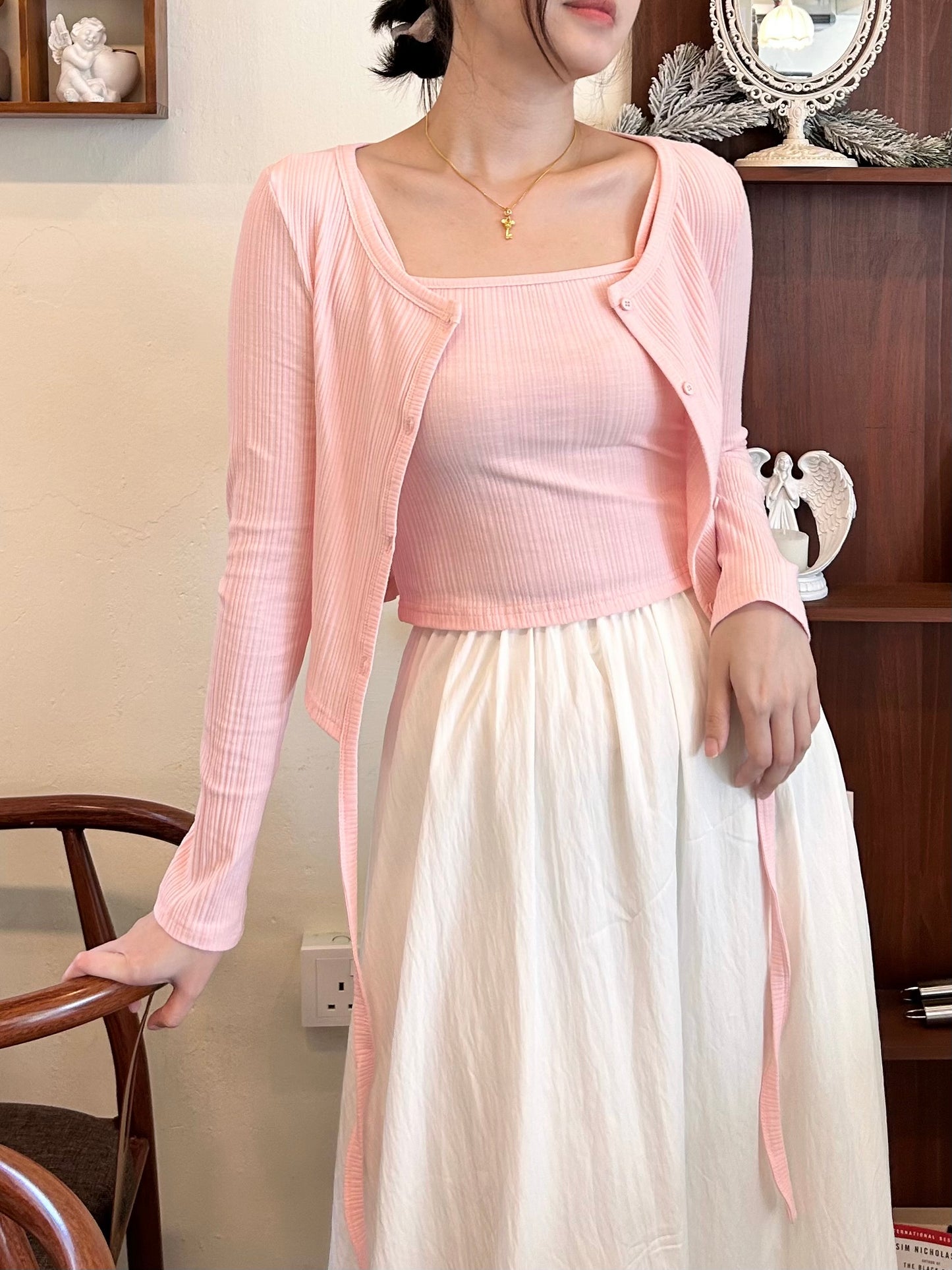 C152 Slim-fit Cotton Ribbed Two-piece (Sling inner + Long-sleeved cardigan)